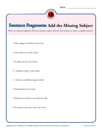 Sentence Fragments Worksheet Activity - Add the Missing Subject