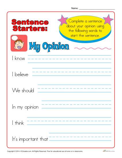 Sentence Starter Worksheet - My Opinion