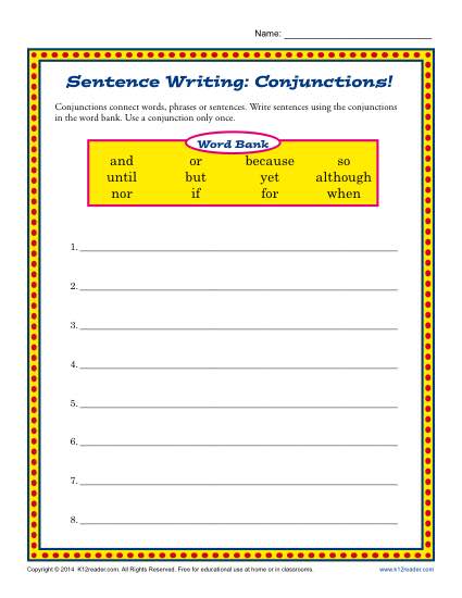 Sentence Writing Worksheet - Conjunctions
