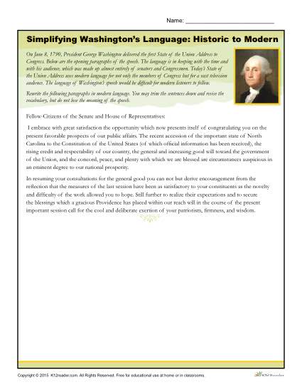 Washington's Birthday Printable Activity - Simplifying Washington's Language from Historic to Modern