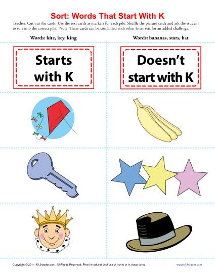 Sort the Words That Start With The Letter K - Printable Worksheet Lesson Activity