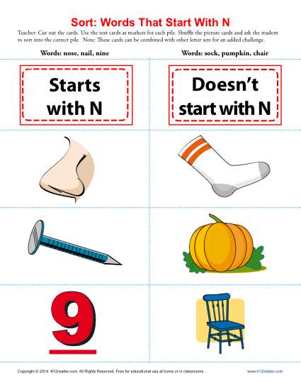 Sort the Words That Start With The Letter N - Printable Worksheet Lesson Activity