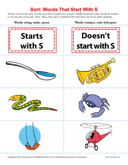 Sort the Words That Start With The Letter S - Printable Worksheet Lesson Activity