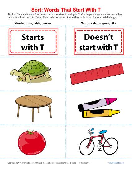 Sort the Words That Start With The Letter T - Printable Worksheet Lesson Activity