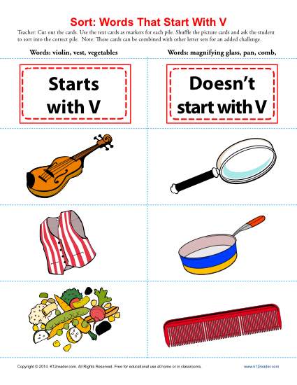 Sort the Words That Start With The Letter V - Printable Worksheet Lesson Activity