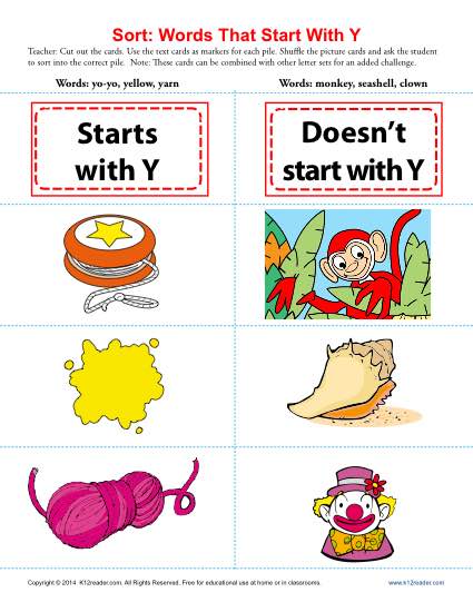 Sort the Words That Start With The Letter Y - Printable Worksheet Lesson Activity