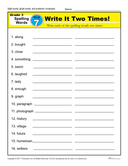 3rd Grade Spelling Words Week 7 – K12Reader Spelling Curriculum