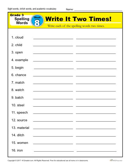 3rd Grade Spelling Words Week 8 – K12Reader Spelling Curriculum