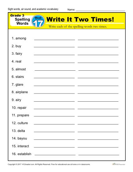 3rd Grade Spelling Words Week 17 – K12Reader Spelling Curriculum