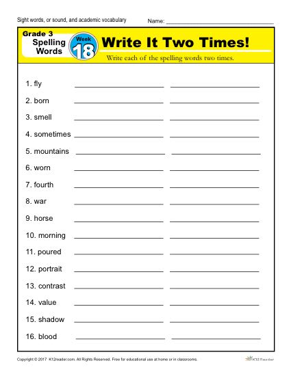 3rd Grade Spelling Words Week 18 – K12Reader Spelling Curriculum