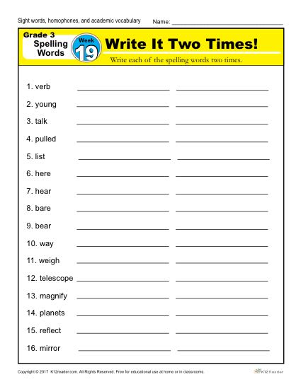 3rd Grade Spelling Words Week 19 – K12Reader Spelling Curriculum