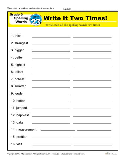 3rd Grade Spelling Words Week 23 – K12Reader Spelling Curriculum