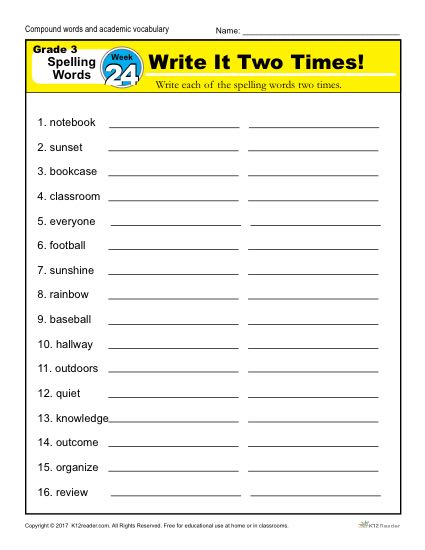 3rd Grade Spelling Words Week 24 – K12Reader Spelling Curriculum