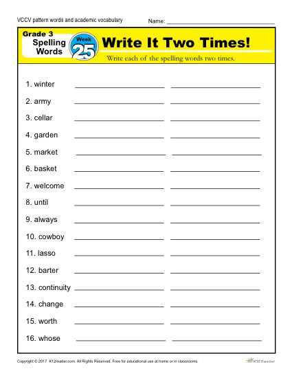 3rd Grade Spelling Words Week 25 – K12Reader Spelling Curriculum