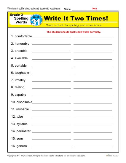 3rd Grade Spelling Words Week 31 – K12Reader Spelling Curriculum