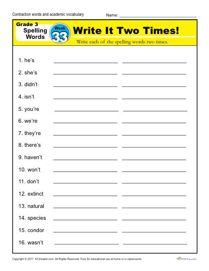 3rd Grade Spelling Words Week 33 – K12Reader Spelling Curriculum