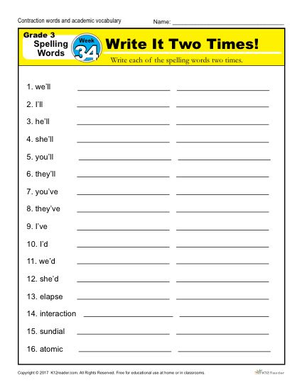 3rd Grade Spelling Words Week 34 – K12Reader Spelling Curriculum