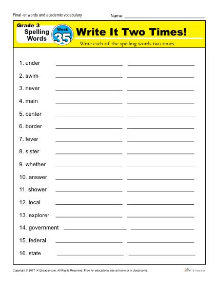3rd Grade Spelling Words Week 35 – K12Reader Spelling Curriculum