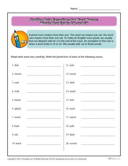 Spelling Rule Exception for Plural Nouns - Words Ending in CH and SH