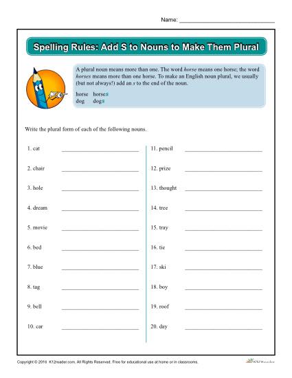 Spelling Rules Worksheet - Add S to Nouns to Make Them Plural