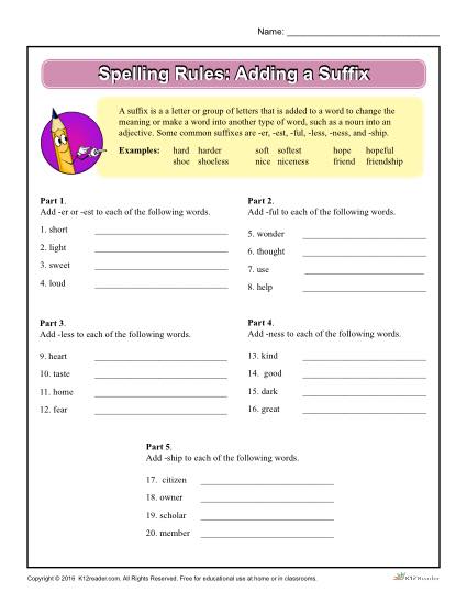 Printable Spelling Rules Worksheet - Adding a Suffix