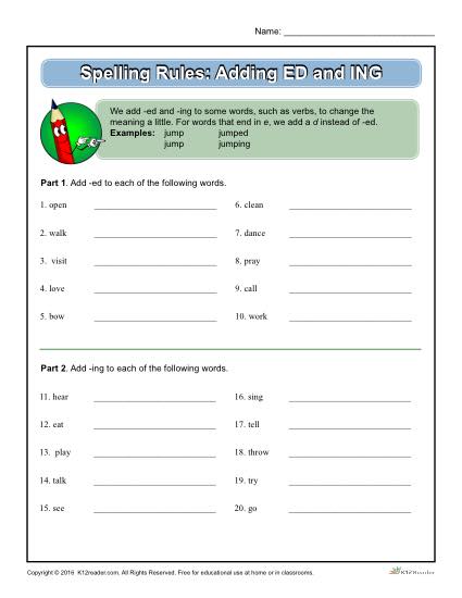 Printable Spelling Rules Worksheet - Adding ED and ING