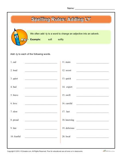 Printable Spelling Rules Worksheet - Adding LY