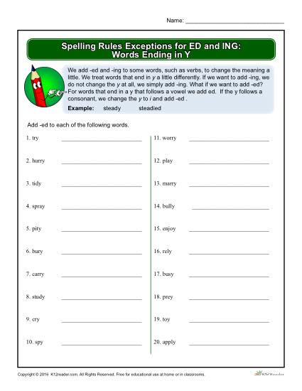 Spelling Rules Exceptions for ED and ING: Words Ending in Y