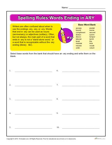 Spelling Rules Classroom Activity - Words Ending in ARY