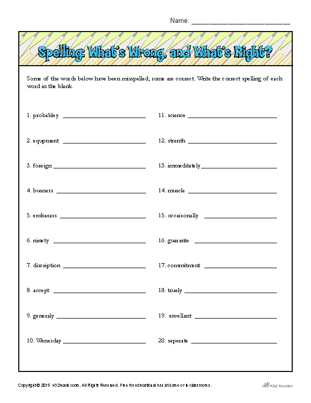 Printable Spelling Worksheet - What's Wrong and What's Right