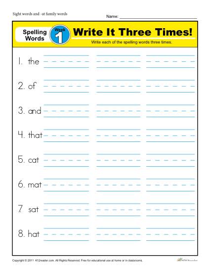 1st Grade Spelling Words Week 1 - K12Reader Spelling Curriculum