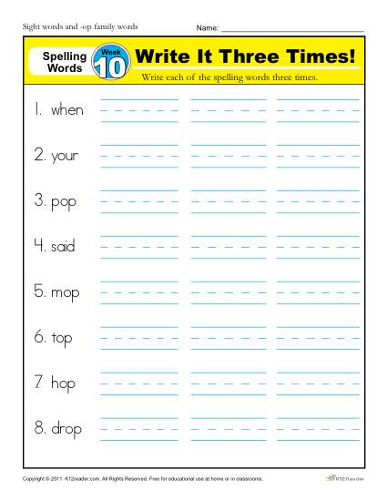 1st Grade Spelling Words Week 10 - K12Reader Spelling Curriculum