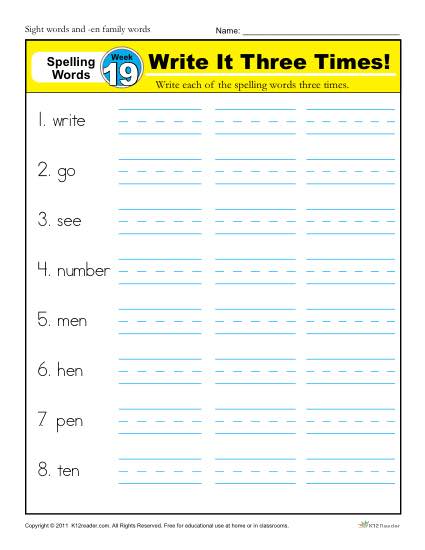1st Grade Spelling Words Week 19 - K12Reader Spelling Curriculum