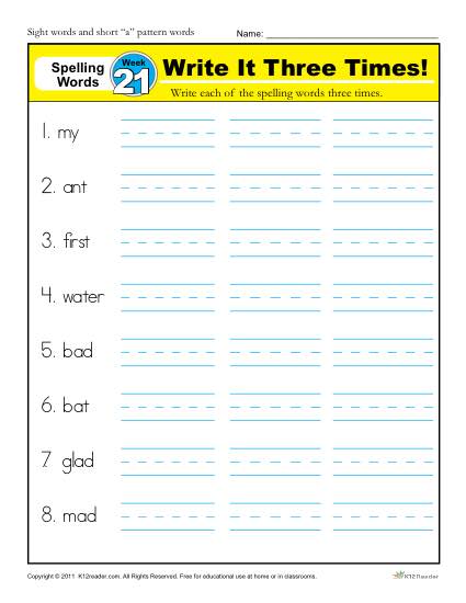 1st Grade Spelling Words Week 21 - K12Reader Spelling Curriculum