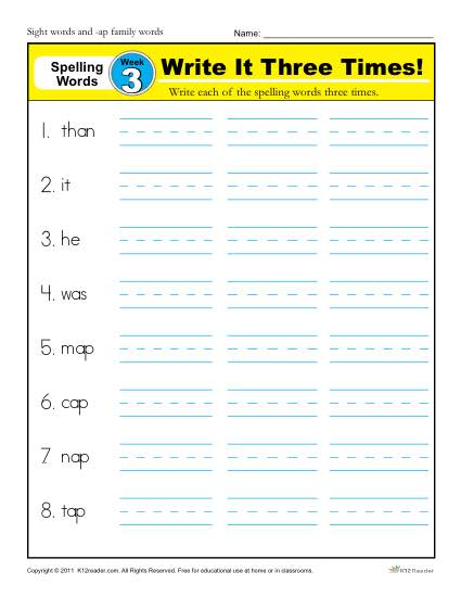 1st Grade Spelling Words Week 3 - K12Reader Spelling Curriculum