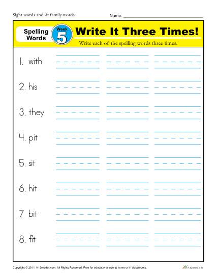 1st Grade Spelling Words Week 5 - K12Reader Spelling Curriculum