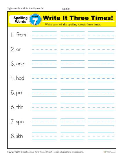 1st Grade Spelling Words Week 7 - K12Reader Spelling Curriculum