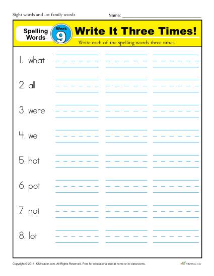 1st Grade Spelling Words Week 9 - K12Reader Spelling Curriculum