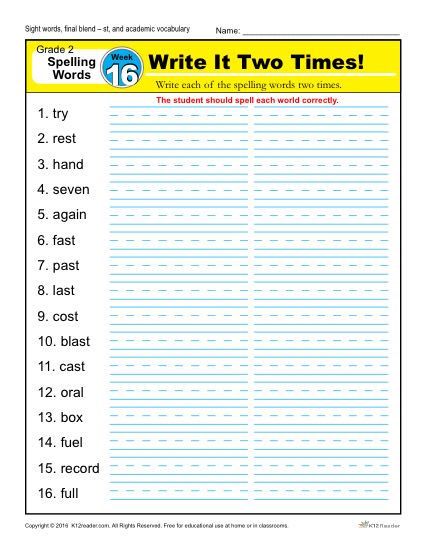 2nd Grade Spelling Words Week 16 – K12Reader Spelling Curriculum