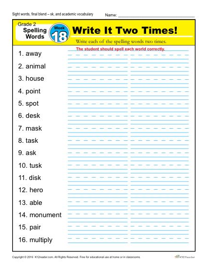 2nd Grade Spelling Words Week 18 – K12Reader Spelling Curriculum