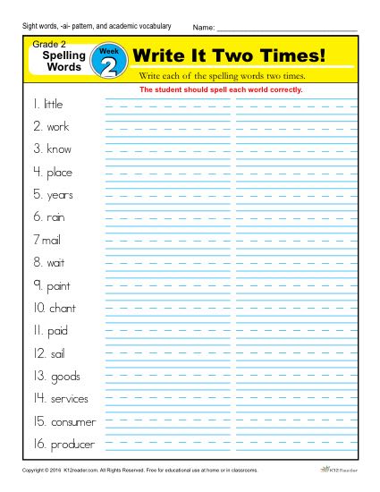 2nd Grade Spelling Words Week 2 – K12Reader Spelling Curriculum