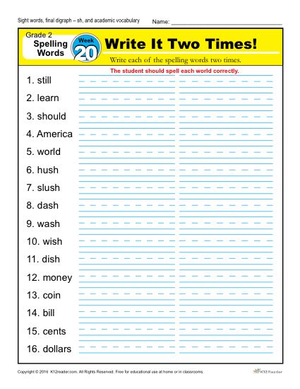 2nd Grade Spelling Words Week 20 – K12Reader Spelling Curriculum