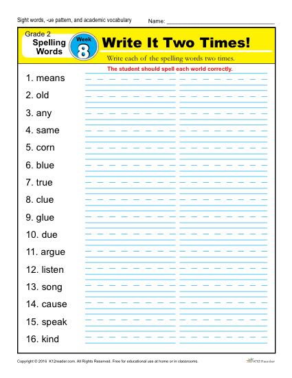 2nd Grade Spelling Words Week 8 – K12Reader Spelling Curriculum