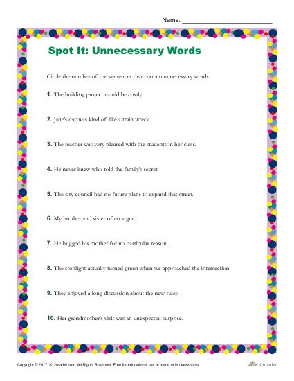Which of the Following Sentences Use Unnecessary Words? Printable Worksheet