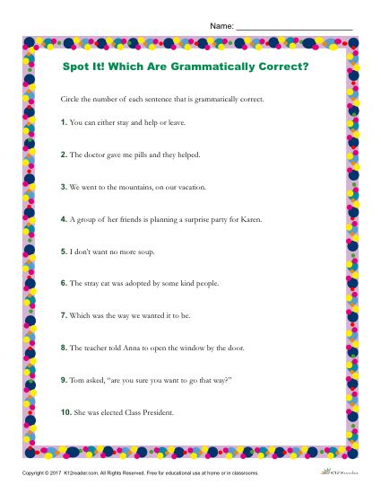 Which of the Following Sentences are Grammatically Correct? Printable Worksheet