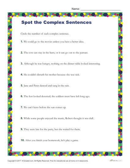 Which of the Following are Complex Sentences? Printable Worksheet