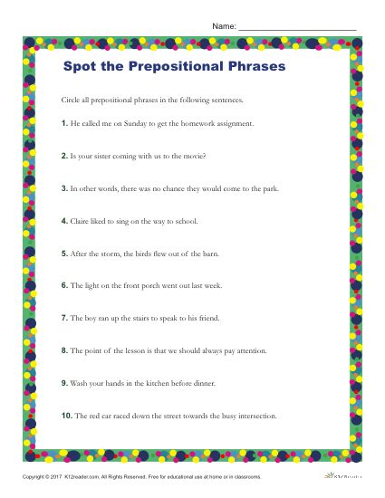 Identify the Prepositional Phrases in the Following Sentences - Printable Worksheet