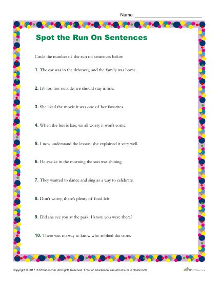 Identify Which Sentences Use Run On Sentences - Printable Worksheet