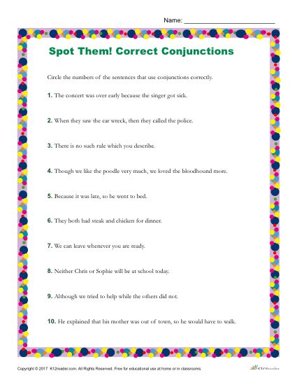 Which Sentence Use Conjunctions Correctly? Printable Worksheet