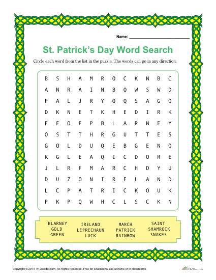 Printable St. Patrick's Day Word Search Activity